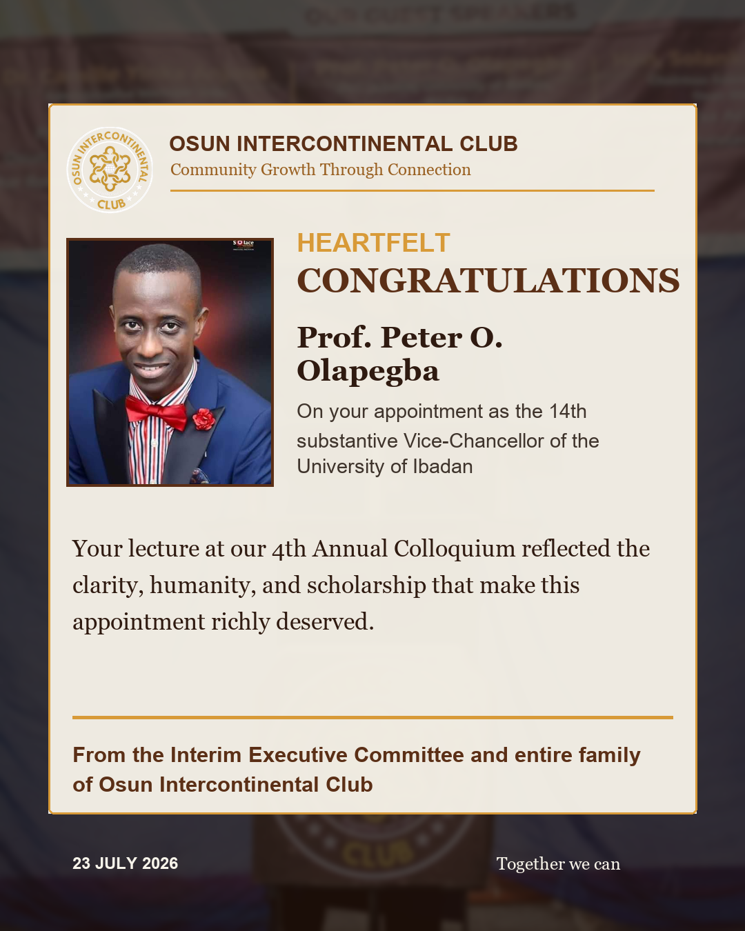 Osun Intercontinental Club Congratulates Professor Peter O. Olapegba on His Appointment as UI's 14th Vice-Chancellor